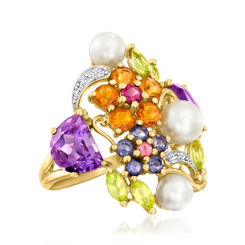C. 1980 Vintage 5-6mm Cultured Pearl and 5.20 ct. t.w. Multi-Gemstone Floral Ring with Diamonds in 14kt Yellow Gold. Size 7 image number 3