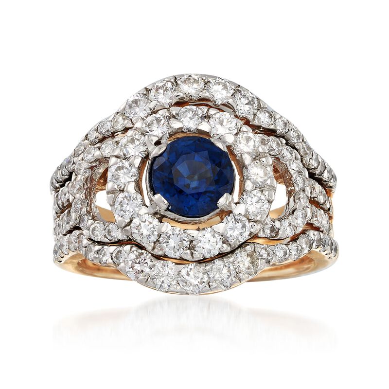 C. 1980 Vintage 1.00 Carat Sapphire and 2.00 ct. t.w. Diamond Round Frame Ring in 14kt Yellow Gold. Size 6.5 image number 0