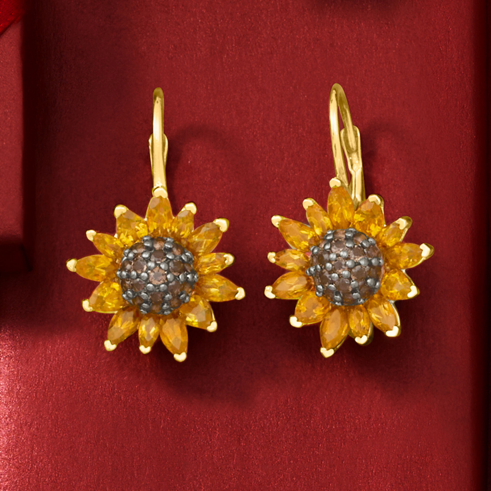 3.50 ct. t.w. Citrine and .80 ct. t.w. Smoky Quartz Sunflower Drop Earrings in 18kt Gold