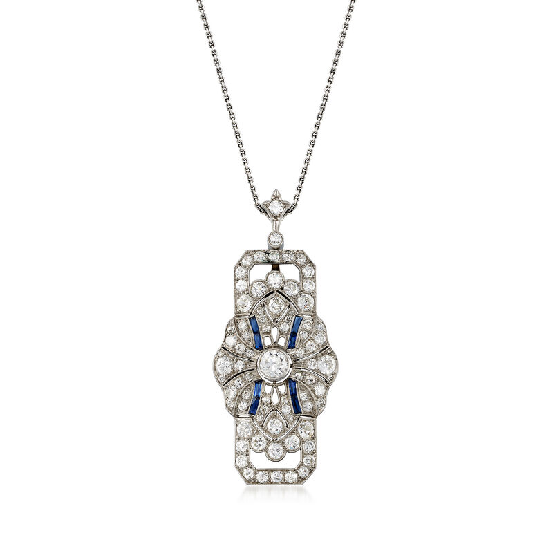 C. 1950 Vintage Synthetic Sapphire and 3.50 ct. t.w. Diamond Pendant Necklace in Platinum image number 0