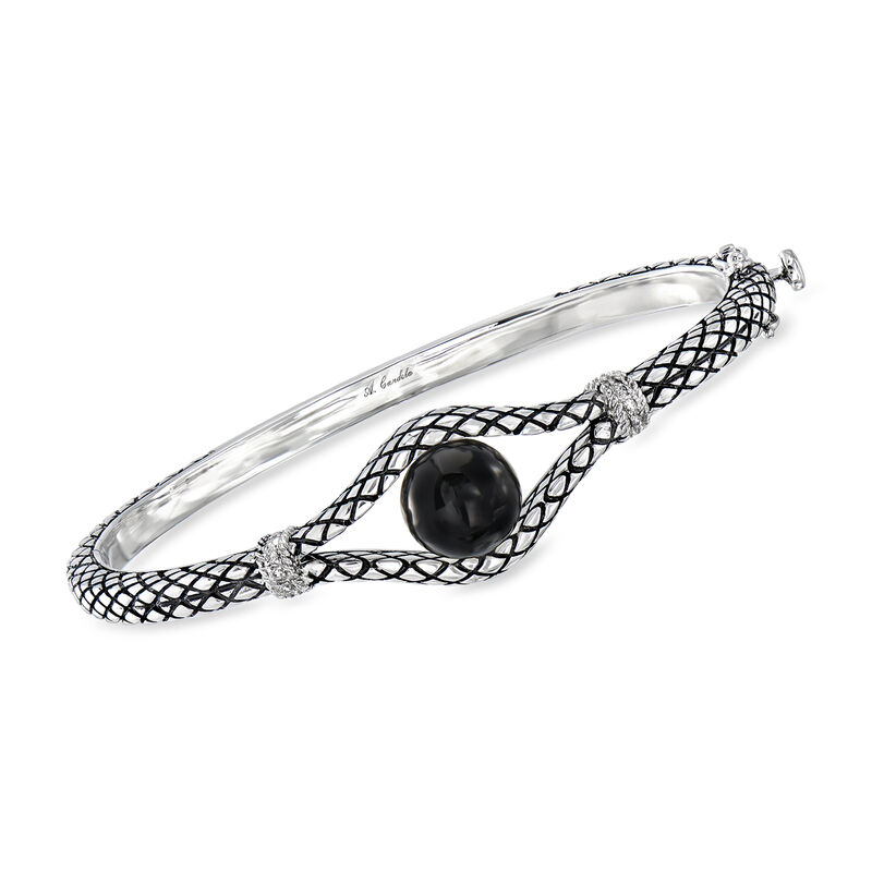 Andrea Candela &quot;Marbella&quot; Onyx Bangle Bracelet in Sterling Silver with Diamonds and Black Enamel. 7.5&quot; image number 0