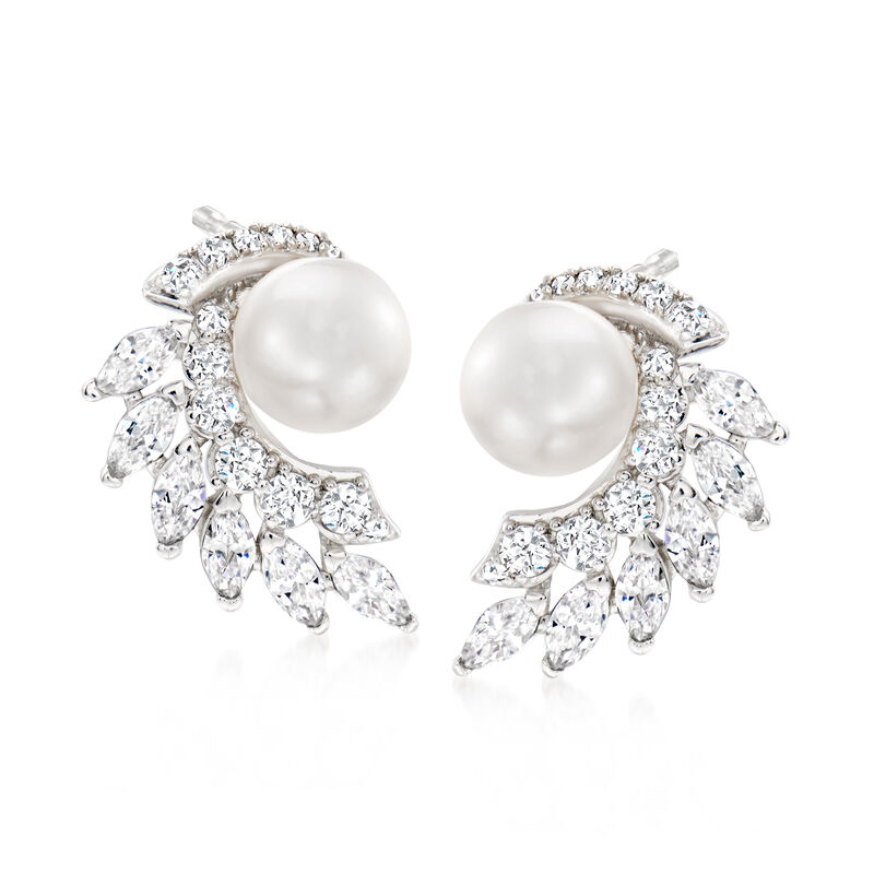 6.5-7mm Cultured Pearl and 1.50 ct. t.w. CZ Curved Cluster Earrings in Sterling Silver image number 0