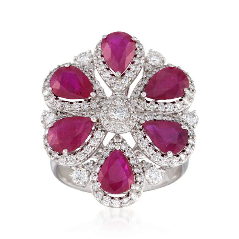 4.80 ct. t.w. Ruby and 1.20 ct. t.w. Diamond Floral Ring in 18kt White Gold. Size 7 image number 0