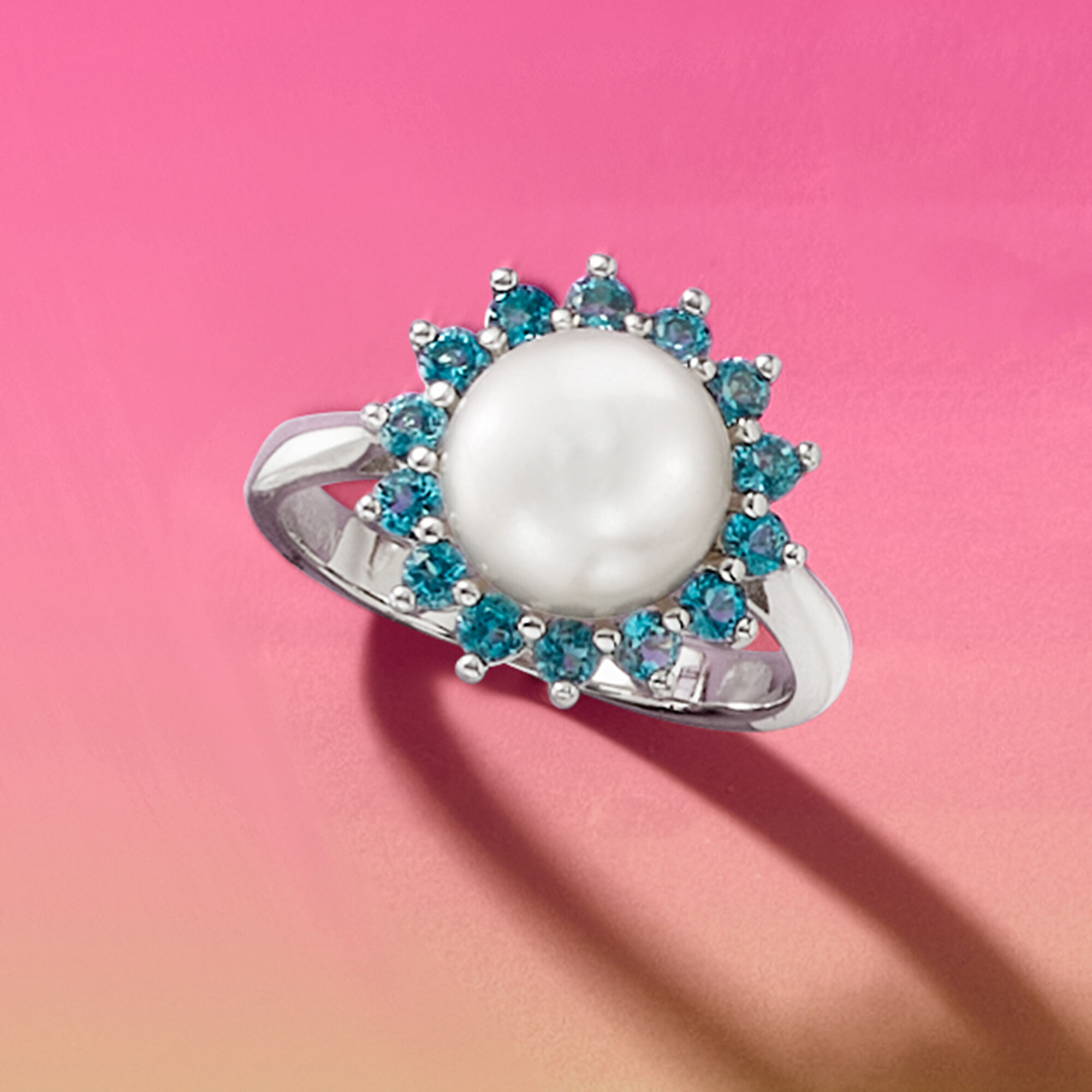 8 8.5mm Cultured Pearl and .60 ct. t.w. London Blue Topaz Ring in Sterling Silver
