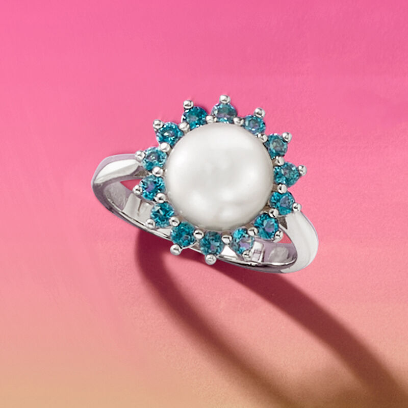 8-8.5mm Cultured Pearl and .60 ct. t.w. London Blue Topaz Ring in Sterling Silver image number 4