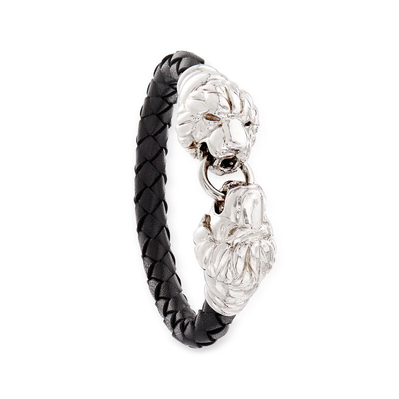 Italian Sterling Silver Double Lion Head Black Leather Bracelet with Magnetic Clasp image number 2