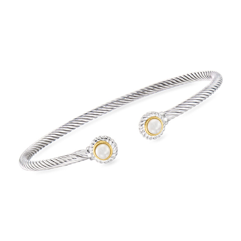 Phillip Gavriel &quot;Italian Cable&quot; 4-4.5mm Cultured Pearl Cuff Bracelet in Sterling Silver with 18kt Yellow Gold. 7.5&quot; image number 0