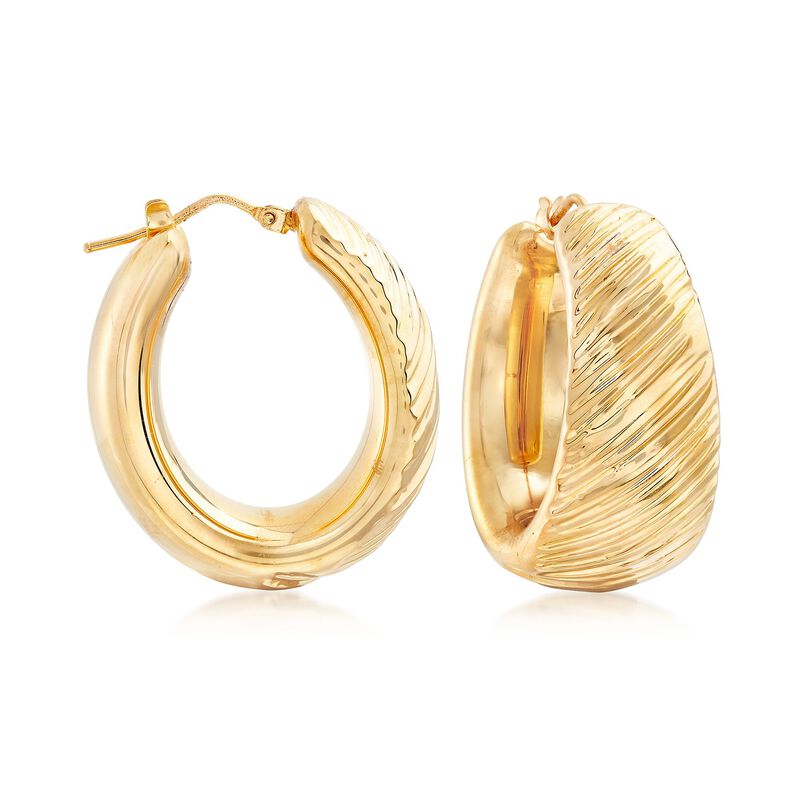 Italian Andiamo 14kt Yellow Gold Striped Texture Hoop Earrings. 1 1/8&quot; image number 0
