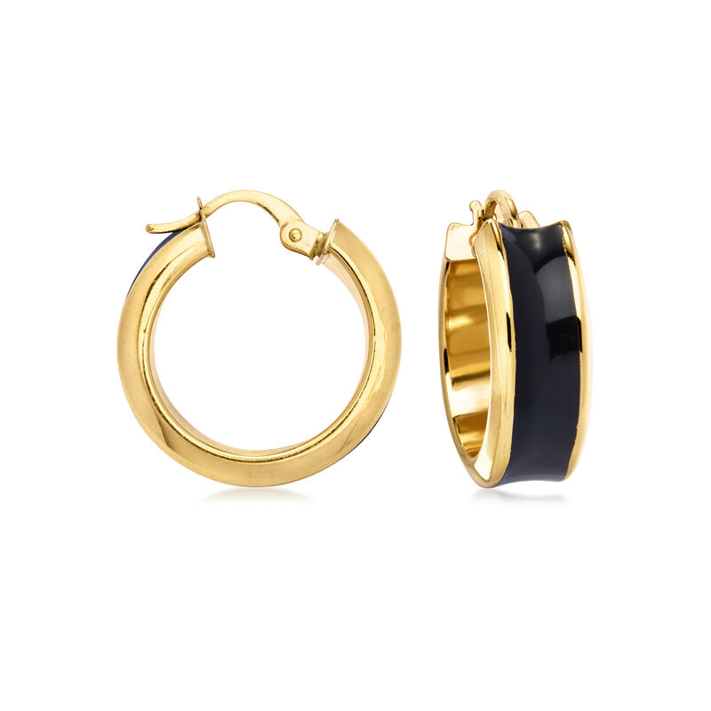 C. 1980 Vintage Black Enamel Hoop Earrings in 18kt Yellow Gold. 7/8" image number 0