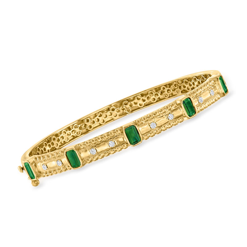 1.40 ct. t.w. Emerald and .15 ct. t.w. Diamond Bangle Bracelet in 18kt Gold Over Sterling image number 0