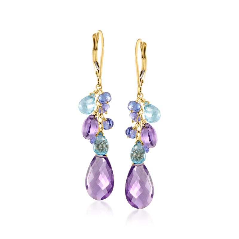 13.05 ct. t.w. Tonal Purple Multi-Gemstone Drop Earrings in 14kt Yellow Gold image number 0