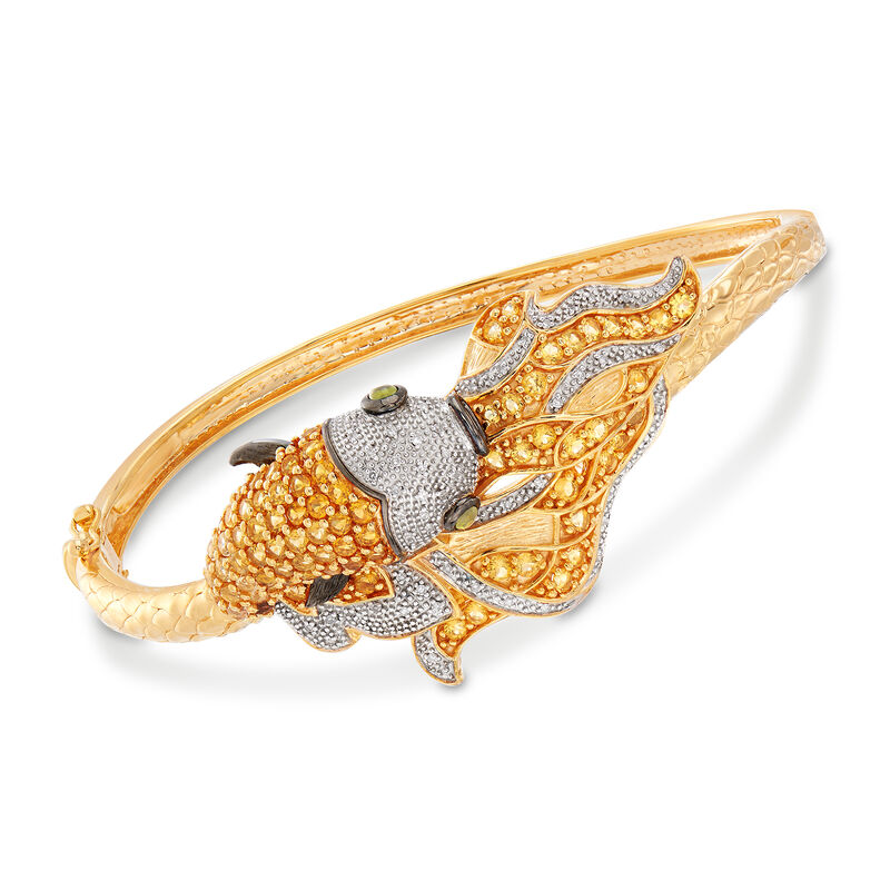 2.60 ct. t.w. Citrine and .20 ct. t.w. Diamond Koi Fish Bangle Bracelet with .10 ct. t.w. Peridots in 18kt Gold Over Sterling Silver. 7&quot; image number 3