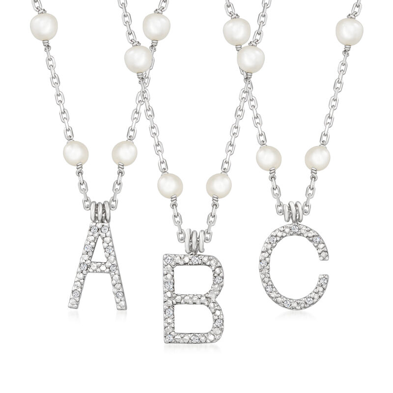 Diamond-Accented Initial Necklace with 3-3.5mm Cultured Pearls in Sterling Silver image number 0