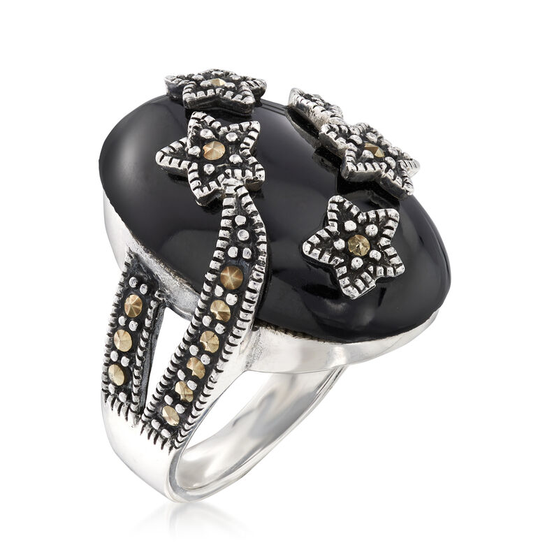 Onyx and Marcasite Star Cocktail Ring in Sterling Silver image number 2