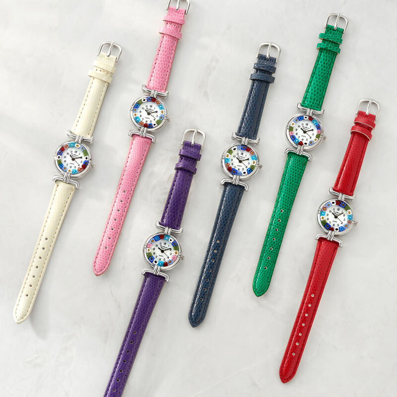 Italian Woman's Floral Multicolored Murano Glass 26mm Watch with Pink Leather image number 1