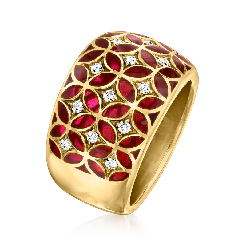 C. 1980 Vintage Red Enamel and .35 ct. t.w. Diamond Ring in 18kt Yellow Gold. Size 8 image number 2