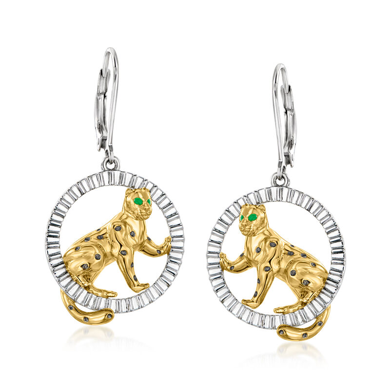 Leopard Drop Earrings with Green Enamel in Two-Tone Sterling Silver image number 0
