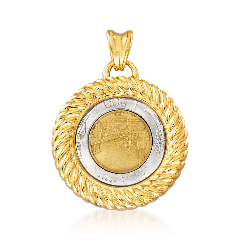 Italian Andiamo 14kt Yellow Gold Over Resin Genuine 500-Lira Coin Pendant image number 2