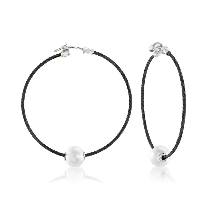 ALOR &quot;Classique&quot; 8mm Cultured Pearl and Black Stainless Steel Cable Hoop Earrings with 18kt White Gold. 1 3/4&quot; image number 0