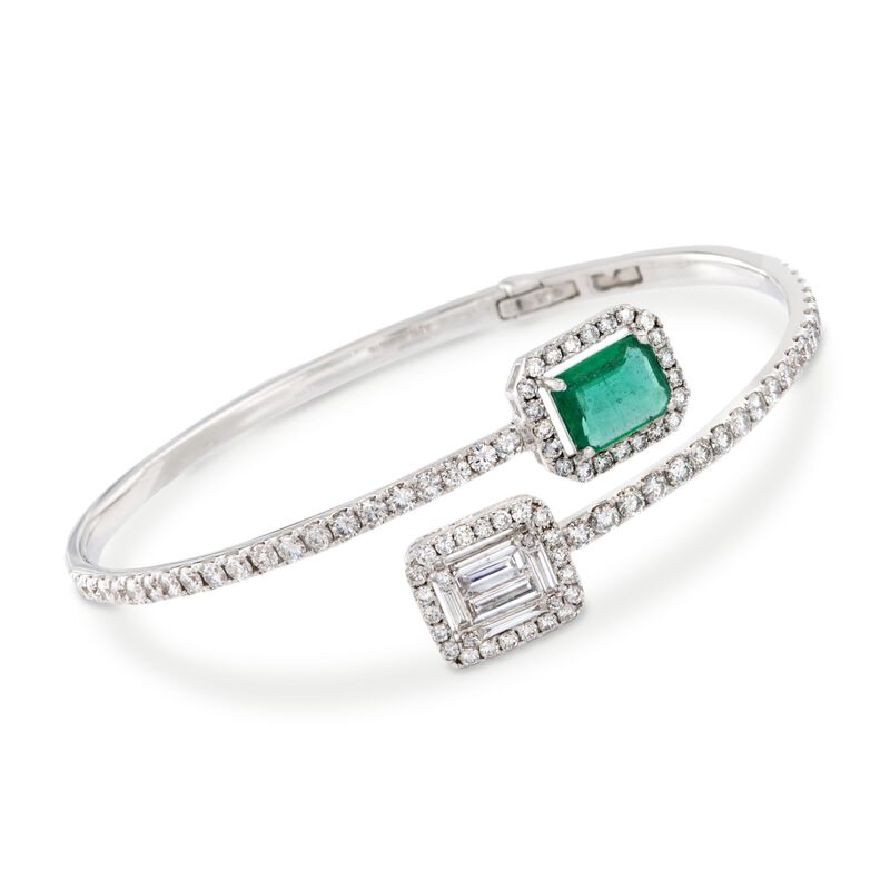 2.00 ct. t.w. Diamond and 1.00 ct. t.w. Emerald Bypass Cuff Bracelet in 18kt White Gold. 7&quot; image number 0