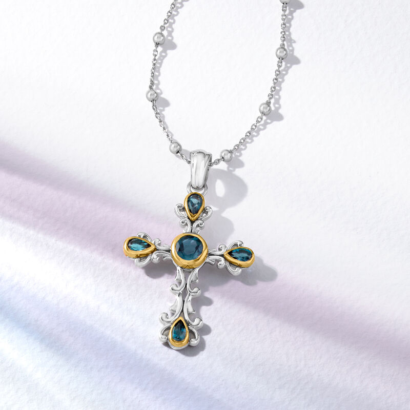 2.00 ct. t.w. London Blue Topaz Cross Pendant Necklace in Sterling Silver and 14kt Yellow Gold image number 2