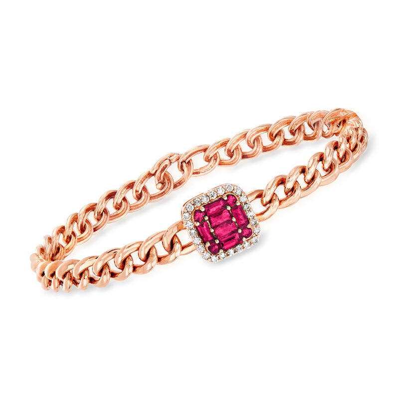 1.10 ct. t.w. Ruby and .28 ct. t.w. Diamond Cuban-Link Bracelet in 14kt Rose Gold. 7&quot; image number 0