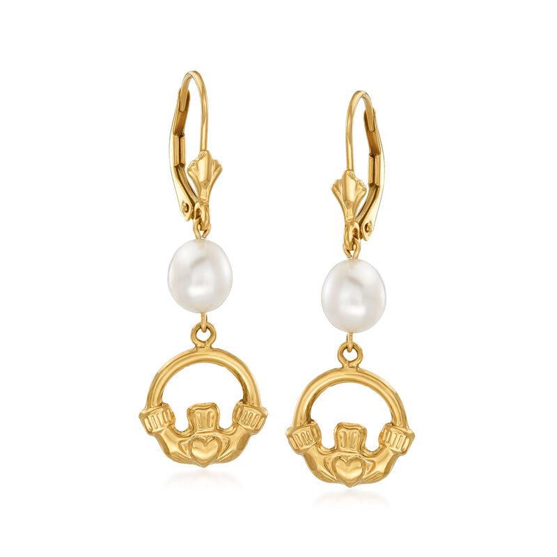 8x6mm Cultured Pearl Claddagh Drop Earrings in 14kt Yellow Gold image number 0