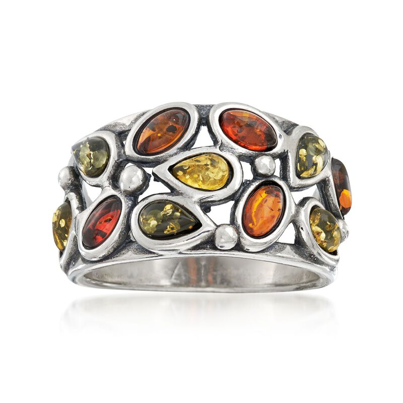 Oval and Pear-Shaped Tonal Amber Cluster Ring in Sterling Silver image number 0