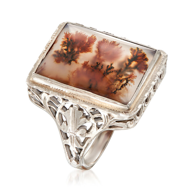 C. 1950 Vintage Moss Agate Ring in 14kt White Gold image number 2