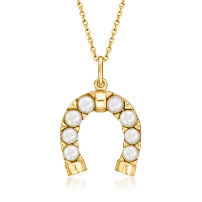 3-3.5mm Cultured Pearl Horseshoe Pendant Necklace in 18kt Gold Over Sterling