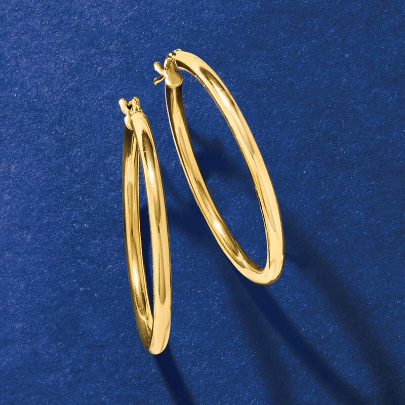 Italian 2mm 18kt Yellow Gold Hoop Earrings. 1 1/8&quot; image number 3