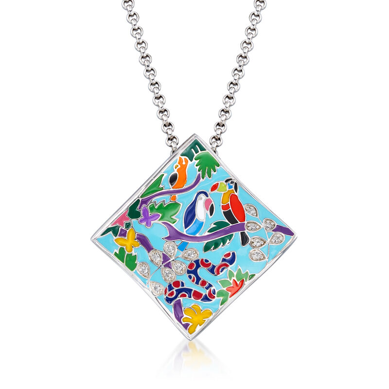 Belle Etoile &quot;Tropical Rainforest&quot; Blue and Multicolored Enamel Pendant with .13 ct. t.w. CZs in Sterling Silver image number 0