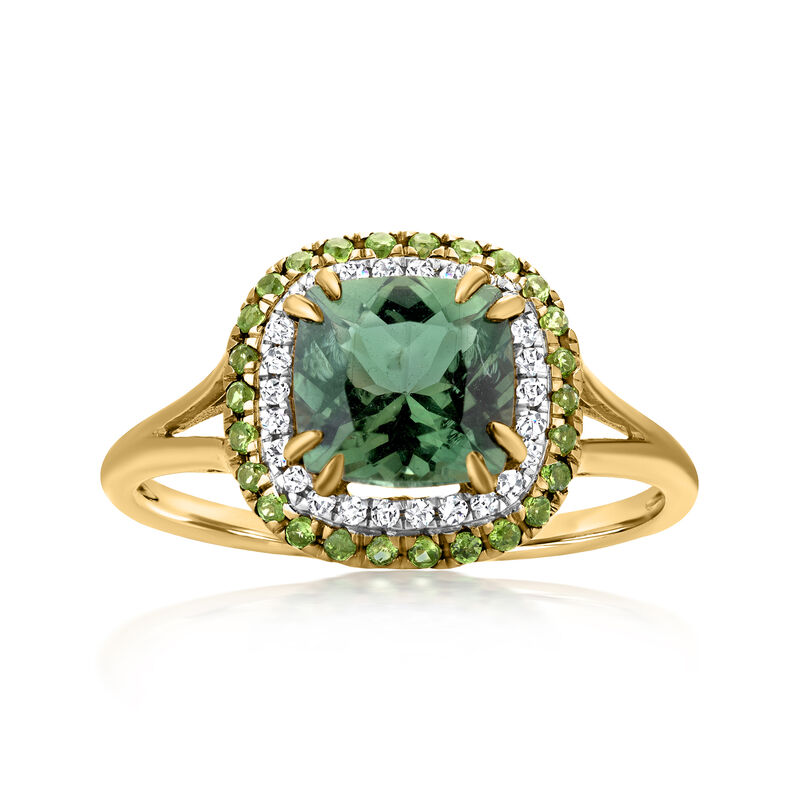 1.50 Carat Green Apatite Ring with .11 ct. t.w. Diamonds and .10 ct. t.w. Chrome Diopside in 14kt Yellow Gold image number 0