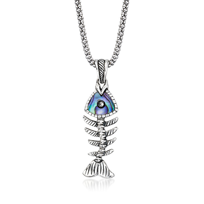 Abalone Shell Bali-Style Fish Bone Pendant Necklace in Sterling Silver image number 0