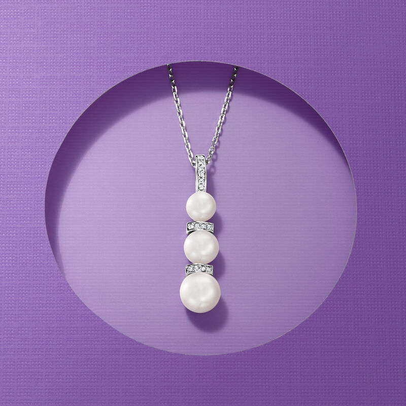 6-8.5mm Cultured Pearl and .10 ct. t.w. Diamond Pendant Necklace in Sterling Silver. 18&quot; image number 2