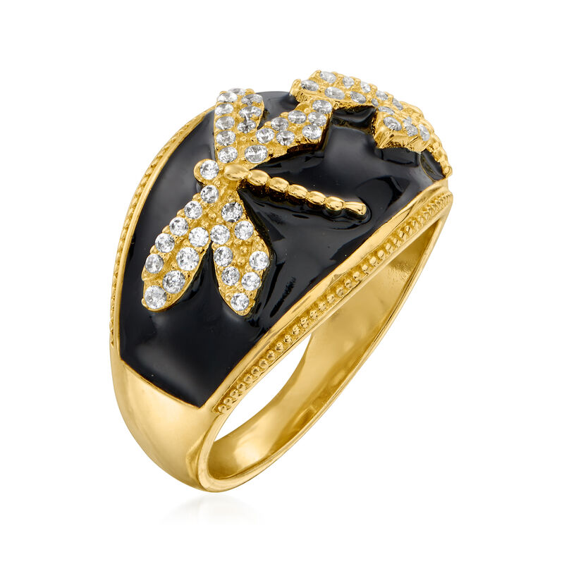 .40 ct. t.w. White Topaz and Black Enamel Dragonfly Ring in 18kt Gold Over Sterling image number 2
