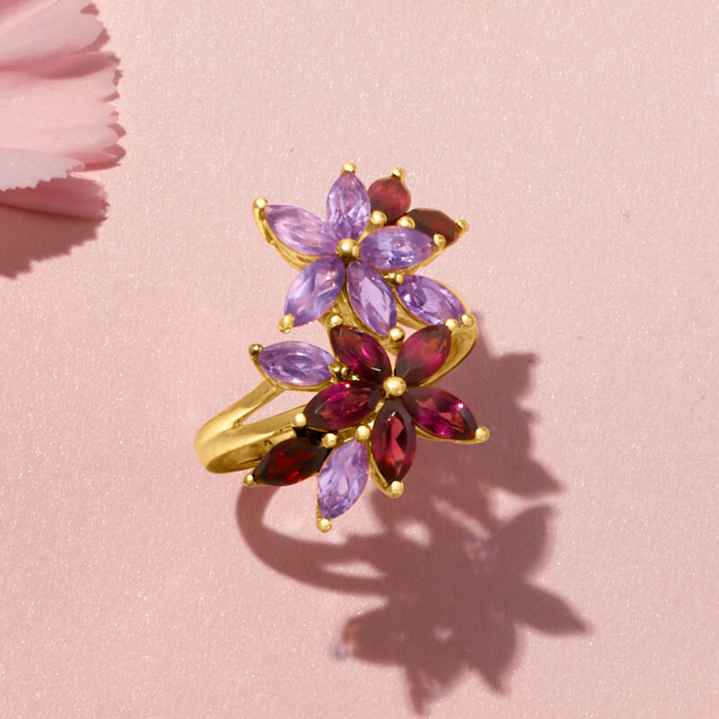 1.40 ct. t.w. Rhodolite Garnet, 1.20 ct. t.w. Amethyst and .50 ct. t.w. Garnet Flower Ring in 18kt Gold Over Sterling image number 4