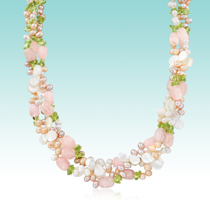 4-5mm Multicolored Cultured Pearl and Multi-Gemstone Torsade Necklace with Sterling Silver. 19&quot; image number 4