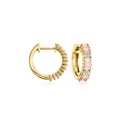 .70 ct. t.w. Pink Sapphire and .27 ct. t.w. Diamond Hoop Earrings in 14kt Yellow Gold