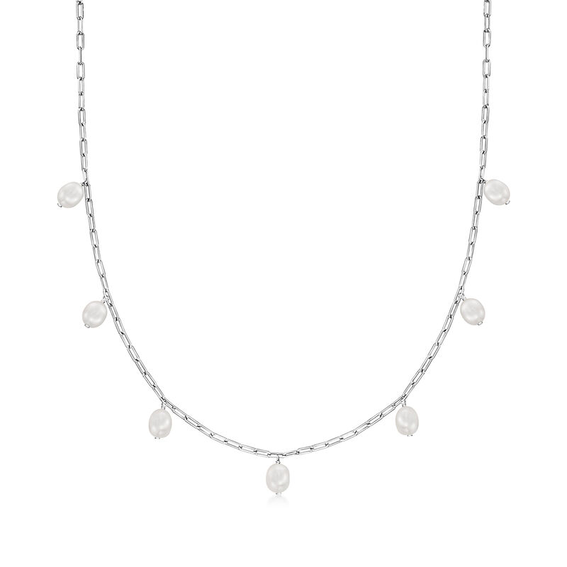 7-7.5mm Cultured Pearl Station Paper Clip Link Necklace in Sterling Silver image number 0