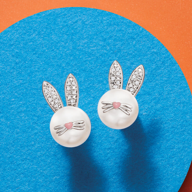 8-8.5mm Cultured Pearl Bunny Earrings with Diamonds and Pink Enamel in Sterling Silver. Post Earrings image number 2