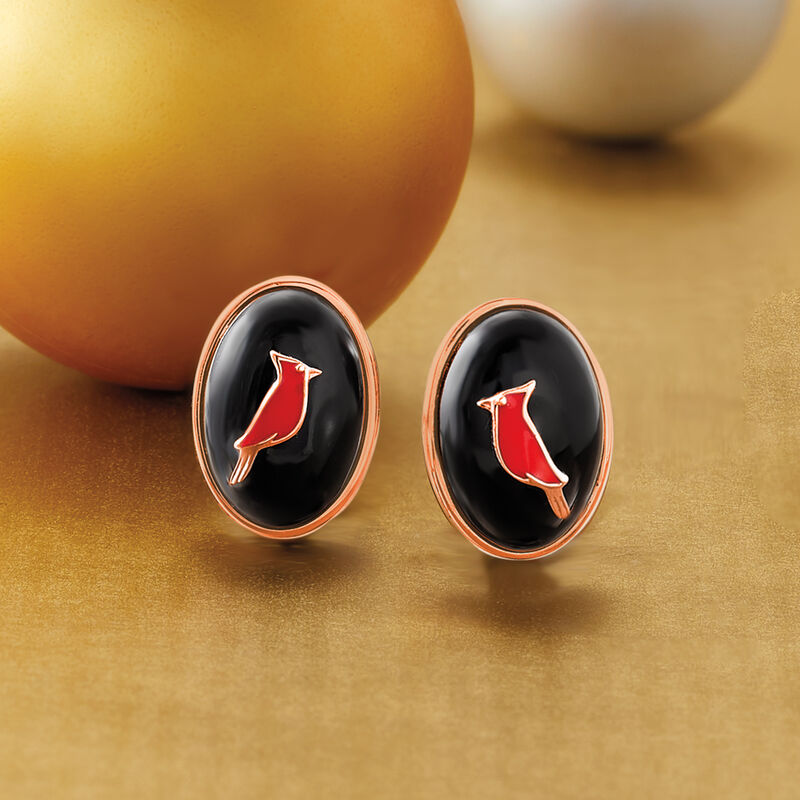 Black Agate and Red Enamel Cardinal Earrings in Two-Tone Sterling Silver image number 3