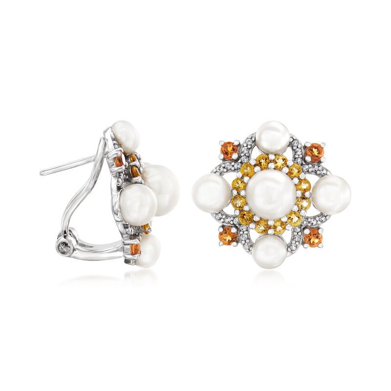 4.5-7mm Cultured Pearl, 1.10 ct. t.w. Citrine and .20 ct. t.w. White Topaz Earrings in Sterling Silver image number 2