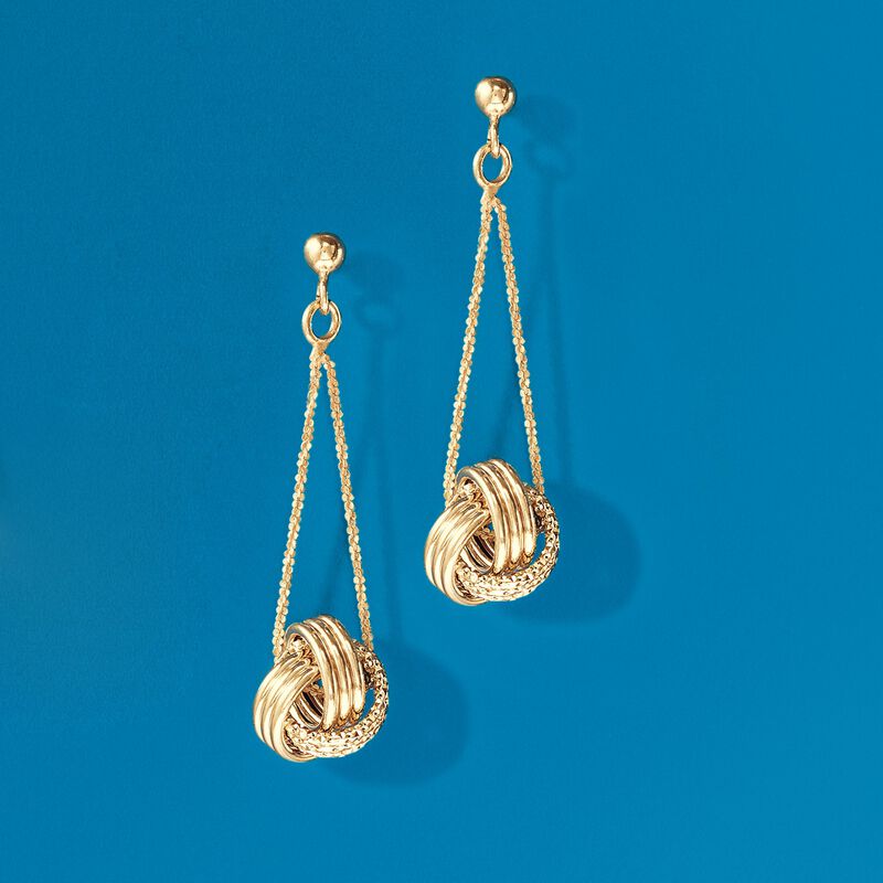 Italian 18kt Yellow Gold Textured and Polished Love Knot Drop Earrings image number 2