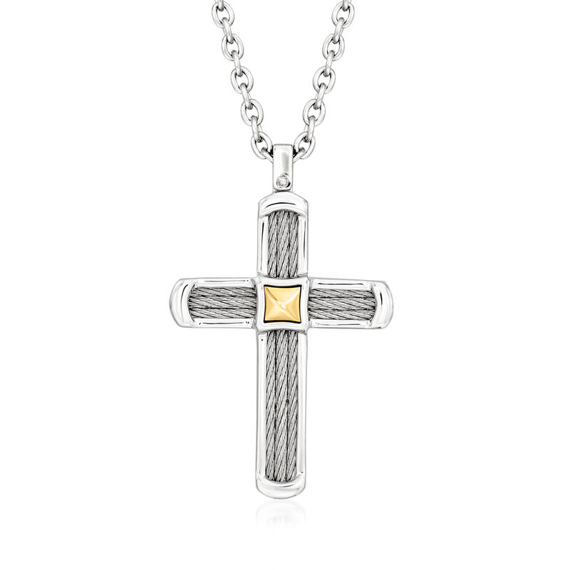 ALOR Men's Gray Stainless Steel Cable Cross Necklace with 14kt Yellow Gold. 22" image number 1