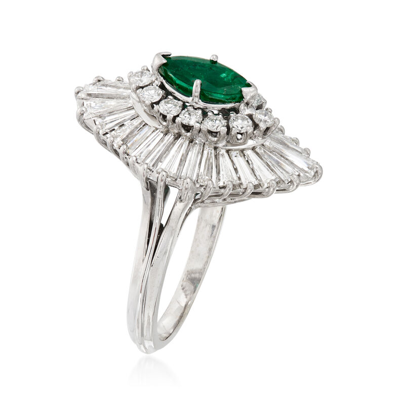 C. 1970 Vintage .45 Carat Emerald and 2.35 ct. t.w. Diamond Cocktail Ring in 14kt White Gold image number 2
