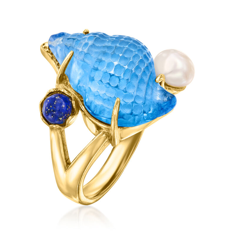 Italian Tagliamonte Blue Venetian Glass Seashell Ring with Lapis and 5.5-6mm Cultured Pearl in 18kt Gold Over Sterling image number 2