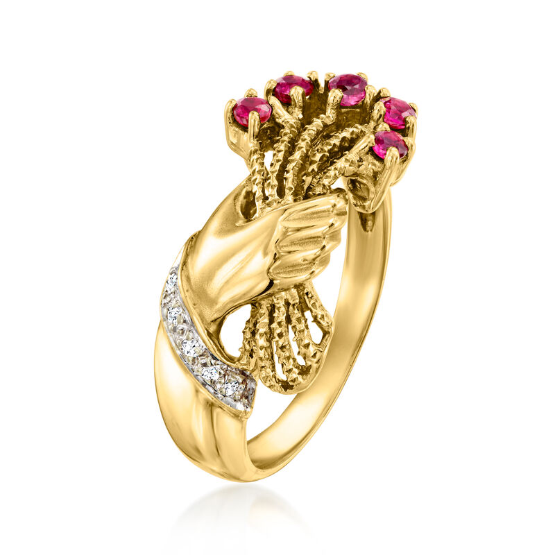 C. 1980 Vintage .25 ct. t.w. Ruby Flowers in Hand Ring with Diamonds in 14kt Yellow Gold. Size 7 image number 2