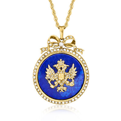 C. 1980 Vintage Lapis and 2.05 ct. t.w. Diamond Emblem Pendant Necklace with Single 3mm Cultured Pearl in 14kt Yellow Gold