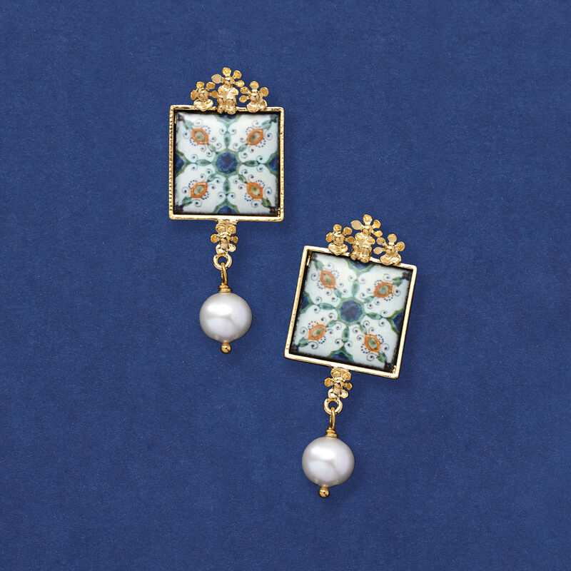 Italian 9mm Cultured Pearl Majolica Tile Drop Earrings in 18kt Gold Over Sterling image number 3